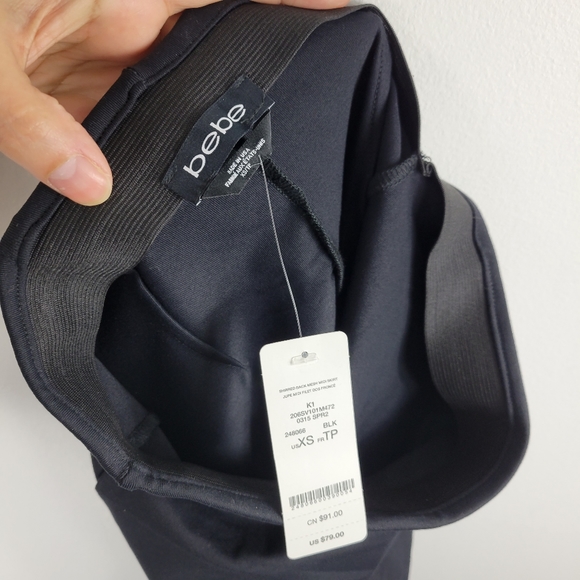 New Bebe Shirred Ruched Sheer Mesh Back Knit Pencil Pull On Midi Skirt - Picture 7 of 9